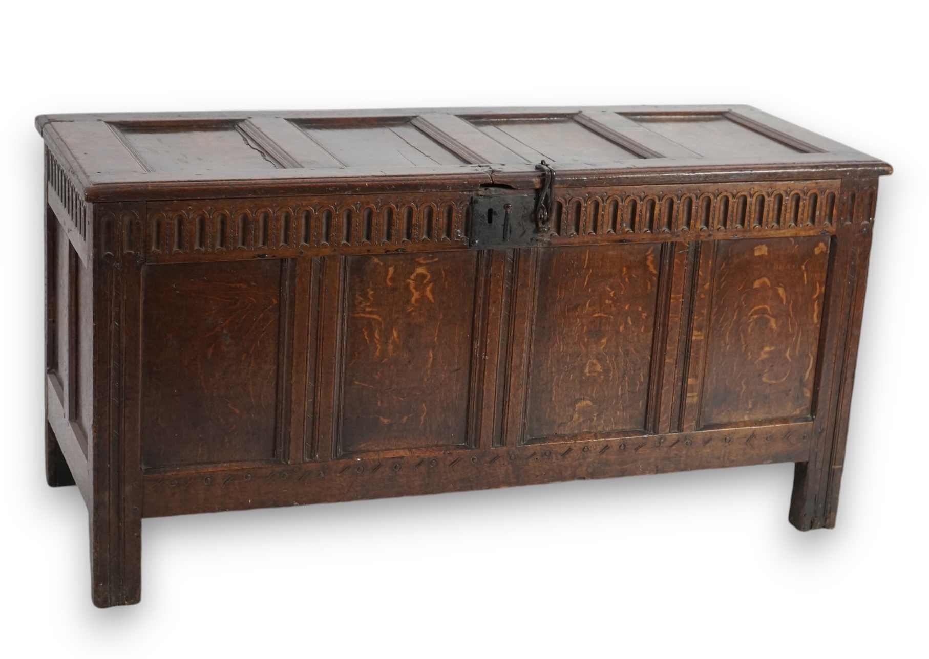 A 17th century panelled oak coffer